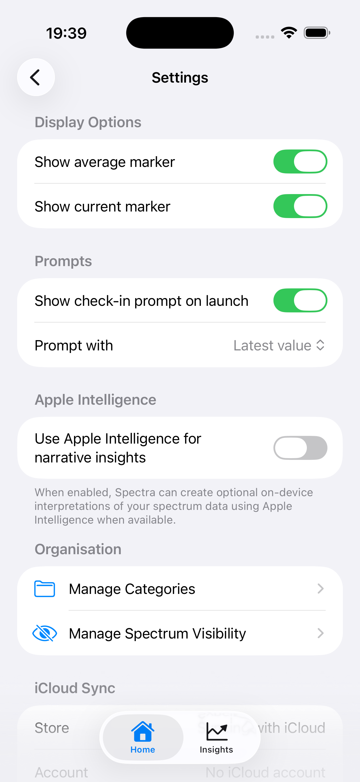 Spectra settings screenshot