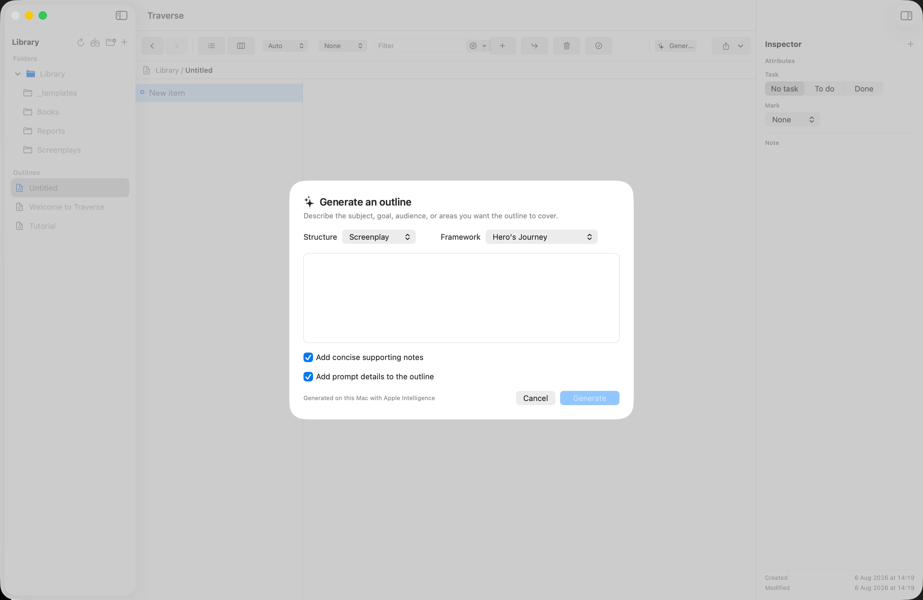 Traverse Apple Intelligence outline generator