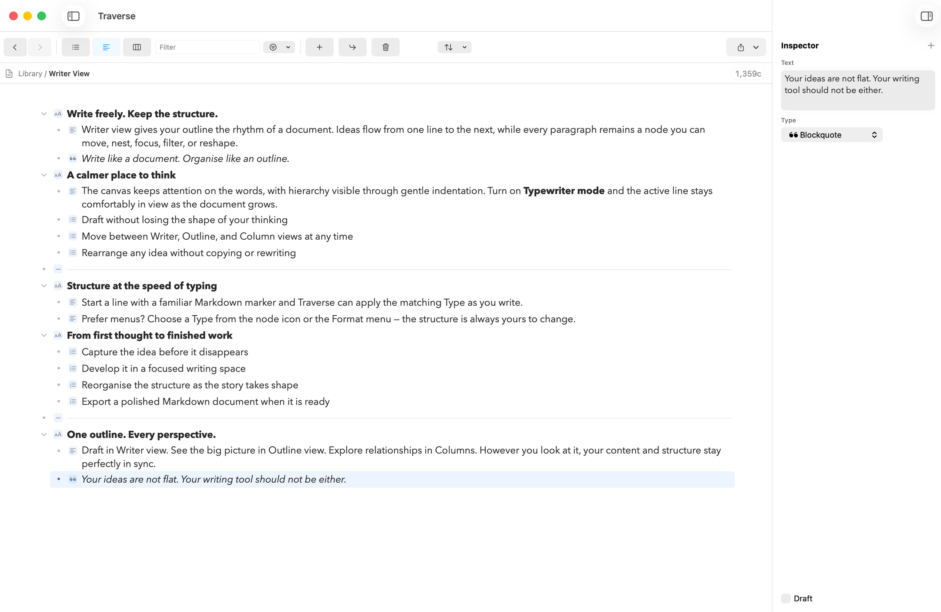 Traverse Writer view showing a structured document with headings, paragraphs, lists, blockquotes and dividers