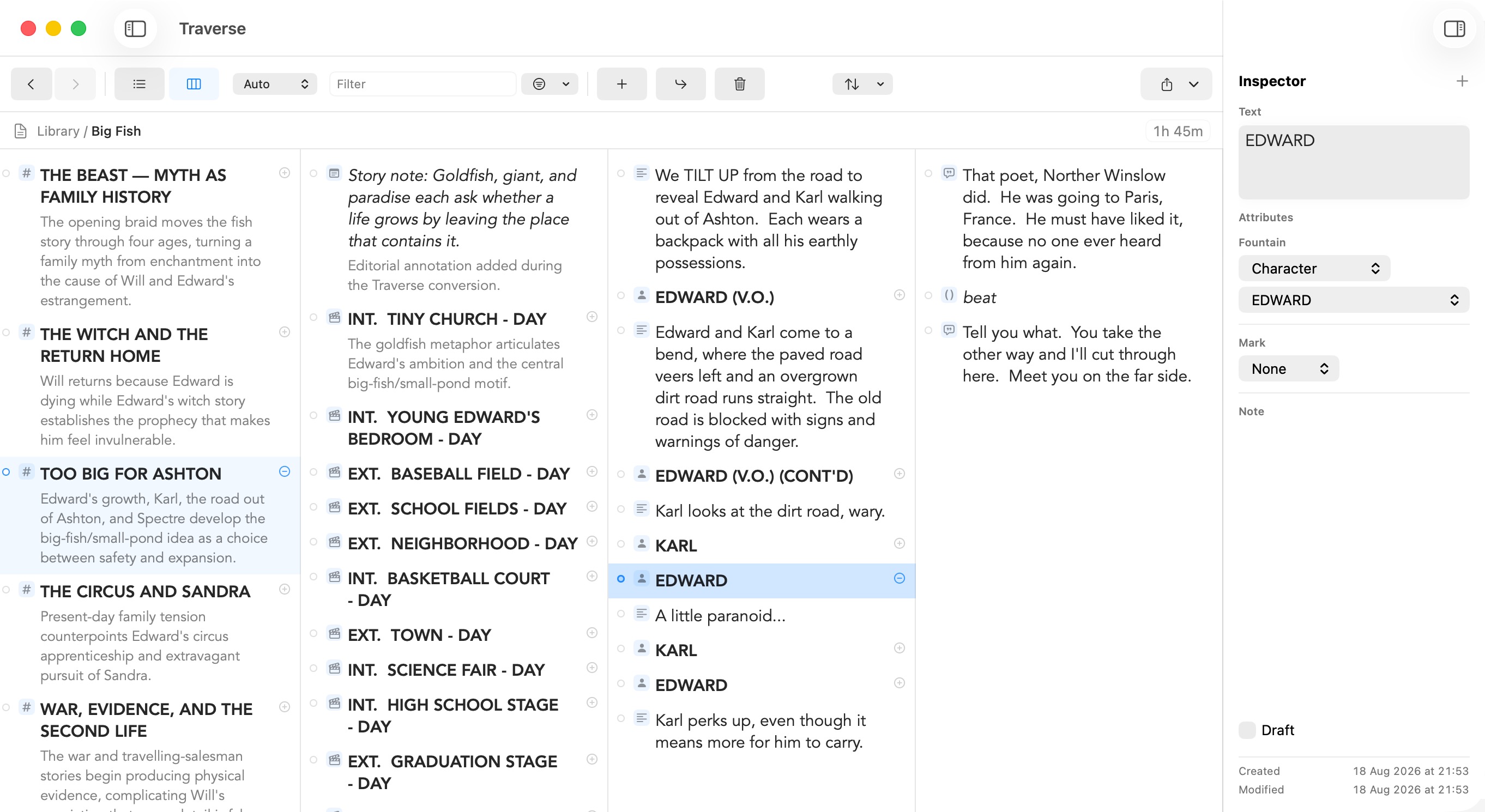 Traverse showing a Big Fish screenplay outline with Fountain scene, character, action and dialogue elements