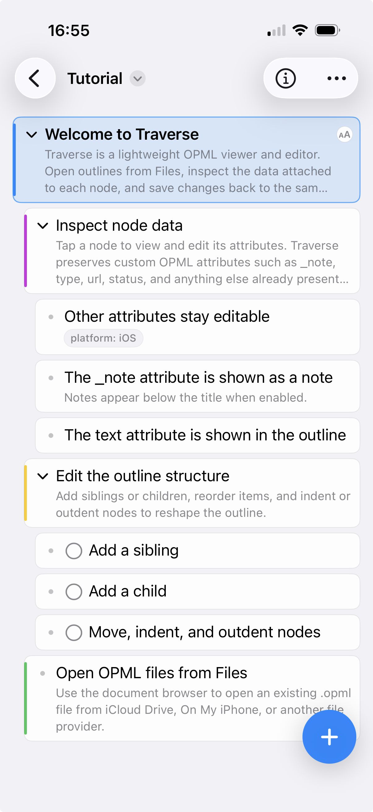 Traverse companion mobile app showing a tutorial outline, editable attributes, task items and a button to create an outline