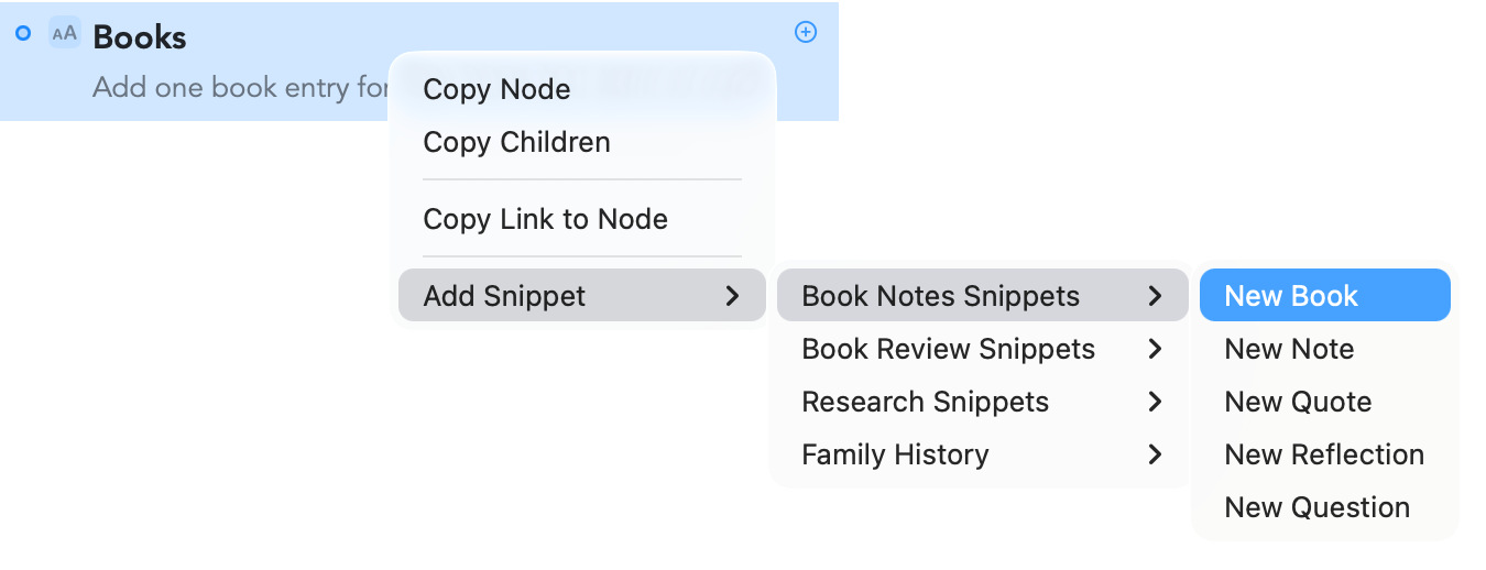 Traverse Add Snippet menu showing reusable book notes, reviews, research and family history snippet collections